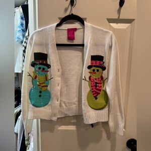 QUEEN OF SPARKLES Snowman Cardigan - White